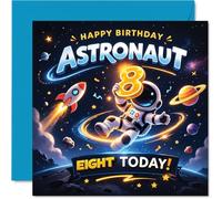 Playful 8th Birthday Card - Blast off into Birthday Fun - Space-themed Astronaut Design with Bold Blue and Yellow Colours - 145mm Square, Envelope Included