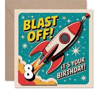 Playful 8th Birthday Card - Blast off into Birthday Fun - Vibrant Rocket and Space Theme with Bold 8 Design - Bursting with Colour and Excitement - 145mm Square, Envelope Included