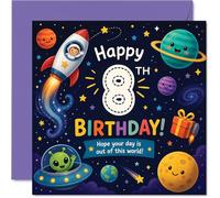 Playful 8th Birthday Card - Blast off into Fun - Colourful Space Adventure with Rocket, Planets and a Friendly Alien - 145mm Square, Envelope Included