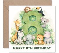 Playful 8th Birthday Card - Bursting with Birthday Cheer - Cute Animal Gang Circles a Bold Number 8-145mm Square, Envelope Included