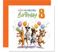 Playful 8th Birthday Card - Bursting with Birthday Cheer - Playful Dogs, Colourful Balloons and Confetti - Perfect for a Bright 8th Celebration - 145mm Square, Envelope Included