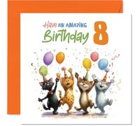 Playful 8th Birthday Card - Bursting with Birthday Fun - Playful Cats, Balloons and Confetti - A Colourful Way to Celebrate Turning Eight - 145mm Square, Envelope Included