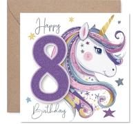 Playful 8th Birthday Card - Bursting with Birthday Magic - Glittery Unicorn and Golden Number 8 with Playful Stars - Sure to Delight Unicorn Fans - 145mm Square, Envelope Included