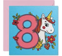 Playful 8th Birthday Card - Bursting with Birthday Magic - Smiling Unicorn and Pink Number 8 Surrounded by Colourful Flowers - 145mm Square, Envelope Included