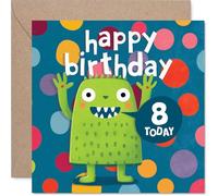 Playful 8th Birthday Card - Bursting with Fun - Cheerful Green Monster with Colourful Polka Dots - Bright Design for a Lively Birthday - 145mm Square, Envelope Included