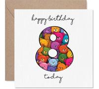 Playful 8th Birthday Card - Colourful Bears Bring the Party - Giant Number 8 Packed with Fun - Guaranteed to Brighten Their Birthday - 145mm Square, Envelope Included