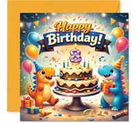Playful 8th Birthday Card - Dino-mite Birthday Cheer - Two Dinosaurs with Cake and Balloons - Bright, Festive Fun for Their Big Day - 145mm Square, Envelope Included