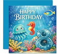Playful 8th Birthday Card - Dive into Birthday Fun - Lively Sea Creatures and Big Number 8 in Cheerful Blues - Perfect for Ocean-loving Kids - 145mm Square, Envelope Included