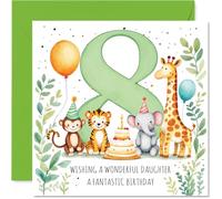 Playful 8th Birthday Card for Daughter - Joyful Birthday Fun - Playful Animals with Balloons and a Big Cake - 145mm Square, Envelope Included