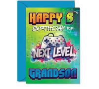 Playful 8th Birthday Card for Grandson, Press Start on Birthday Fun