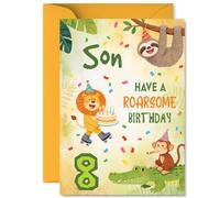 Playful 8th Birthday Card for Son - Bursting with Birthday Jungle Fun - Party Animals, Cake and Confetti Create a Wild Celebration - A5, Envelope Included