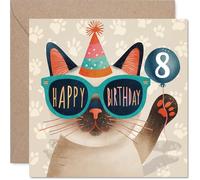 Playful 8th Birthday Card - Let's Paw-ty! - Whimsical Cat in Sunglasses and Party Hat Brings Big Birthday Energy - 145mm Square, Envelope Included