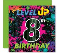 Playful 8th Birthday Card - Level Up to 8 with Gaming Fun - Bright, Bold Graphics and Playful Colours - Ideal for Any Keen Little Gamer - 145mm Square, Envelope Included