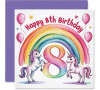 Playful 8th Birthday Card - Make Their Big Day Sparkle - Cheery Unicorns, Rainbow and Balloons in a Burst of Pink - 145mm Square, Envelope Included