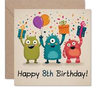 Playful 8th Birthday Card - Monstrously Fun Celebration - Three Colourful Monsters with Balloons and Presents - 145mm Square, Envelope Included