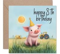 Playful 8th Birthday Card - Oink-tastic Fun for Their Big Day - Cheerful Pig in Party Hat on a Sunny Farm - Ideal for Animal-loving Kids - 145mm Square, Envelope Included