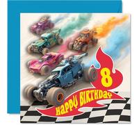 Playful 8th Birthday Card - Rev Up the Birthday Fun - Colourful Racing Cars Zooming Across a Vibrant Track - 145mm Square, Envelope Included