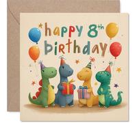 Playful 8th Birthday Card - Roaring Good Fun - Cartoon Dinosaurs in Party Hats and Balloons - Bursting with Birthday Cheer - 145mm Square, Envelope Included