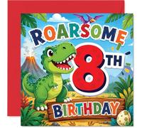 Playful 8th Birthday Card - Roaring into Eight - Colourful Cartoon T-rex in a Jungle with Volcano and Giant Red 8-145mm Square, Envelope Included
