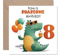 Playful 8th Birthday Card - Roarsome Birthday Fun - Cheery Cartoon Dinosaur with Balloons and Cupcake - Bright Colours for a Dino-mad Celebration - 145mm Square, Envelope Included