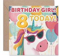 Playful 8th Birthday Card - Unicorn with Sunglasses & Colourful Balloons - Sparkling Fun for the Birthday Girl - Bursting with Festive Cheer - 145mm Square, Envelope Included
