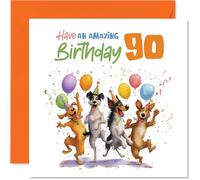 Playful 90th Birthday Card - Let the Celebrations Go Barking Mad - Animated Dogs with Balloons and Confetti - Joyful Way to Mark a 90th Birthday - 145mm Square, Envelope Included