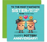 Playful 9th Anniversary Card for Sister & Brother In Law - Bursting with Charm - Cartoon Flower Pots Holding Hands in a Colourful, Joyful Scene - 145mm Square, Envelope Included