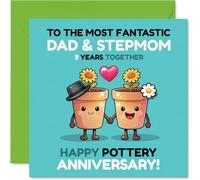 Playful 9th Anniversary Card for Stepmum & Dad - Celebrate Nine Years with a Pun - Cartoon Flower Pots Holding Hands in Bright Colours - 145mm Square, Envelope Included