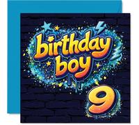 Playful 9th Birthday Card - Big Birthday Cheers - Bold Blue and Orange Design with 'Birthday Boy 9' in Standout Colours - 145mm Square, Envelope Included