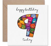 Playful 9th Birthday Card - Big Birthday Smiles - Colourful Bear-filled Number 9 Design - Bursting with Cheerful Party Vibes - 145mm Square, Envelope Included