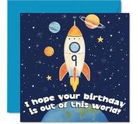 Playful 9th Birthday Card - Blast off into Birthday Fun - Colourful Rocket and Planets in a Lively Space Scene - 145mm Square, Envelope Included