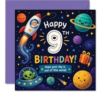 Playful 9th Birthday Card - Blast off to Birthday Fun - Vibrant Space Adventure with Rocket, Planets and a Cheeky Alien - 145mm Square, Envelope Included