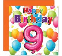 Playful 9th Birthday Card - Bursting with Birthday Cheer - Colourful Balloons and Stars in a Vibrant Party Design - A Fun Way to Mark Turning 9-145mm Square, Envelope Included