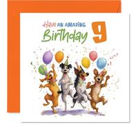 Playful 9th Birthday Card - Bursting with Birthday Cheer - Playful Dogs and Colourful Balloons in a Confetti-filled Party Scene - 145mm Square, Envelope Included