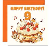 Playful 9th Birthday Card - Bursting with Birthday Cheer - Adorable Animals Strumming Guitars Around a Cake - 145mm Square, Envelope Included