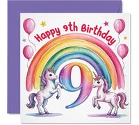 Playful 9th Birthday Card - Bursting with Birthday Magic - Playful Unicorns, Rainbow and Balloons in Bright Pinks and Purples - 145mm Square, Envelope Included