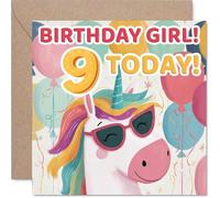 Playful 9th Birthday Card - Bursting with Birthday Magic - Sunglasses Unicorn & Vibrant Balloons - for a Girl Who Loves a Splash of Fun - 145mm Square, Envelope Included