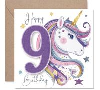 Playful 9th Birthday Card - Bursting with Birthday Magic - Whimsical Unicorn with Glittery 9 and Colourful Stars - Sure to Delight Any Unicorn Fan - 145mm Square, Envelope Included