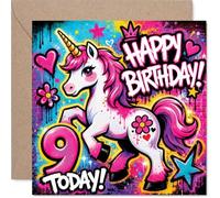 Playful 9th Birthday Card - Bursting with Colour and Joy - Graffiti-style Unicorn Surrounded by Hearts, Stars, and Flowers - 145mm Square, Envelope Included