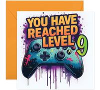 Playful 9th Birthday Card for Gamer, 'You Have Reached Level 9' Graffiti Joystick Game Controller Design for Boy or Girl, for Gamers, Brother Sister Niece Nephew Grandson, Blank Inside with Envelope