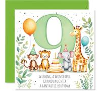 Playful 9th Birthday Card for Granddaughter - Big Birthday Fun - Cute Animals, Cake and Balloons Gather Round a Lively Number 9-145mm Square, Envelope Included
