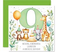 Playful 9th Birthday Card for Grandson - Bursting with Birthday Fun - Cute Animals and Birthday Cake Design, Bold Number 9-145mm Square, Envelope Included