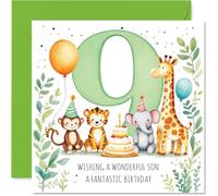 Playful 9th Birthday Card for Son - Bursting with Birthday Cheer - Colourful Number 9 with Adorable Animals in Party Hats - 145mm Square, Envelope Included