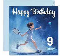 Playful 9th Birthday Card - Game, Set, Match! - Energetic Tennis Illustration with Playful Boy and Bold Blue Splashes - 145mm Square, Envelope Included