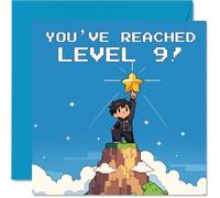 Playful 9th Birthday Card - Level Up Celebrations - Retro Pixel Art Gamer Design with Star and Mountain - Perfect for Young Video Game Fans - 145mm Square, Envelope Included