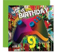 Playful 9th Birthday Card - Level Up Their Big Day - Vibrant Gaming Controller Design with Punchy Colours - Perfect for Game-loving Birthdays - 145mm Square, Envelope Included