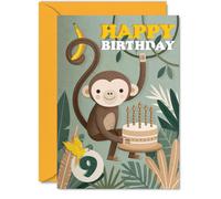 Playful 9th Birthday Card, Monkey Mischief and Birthday Cake