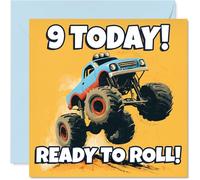 Playful 9th Birthday Card - Rev Up the Birthday Fun - Colourful Monster Truck Charging Through Bold '9 TODAY! READY TO ROLL!' - 145mm Square, Envelope Included