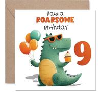 Playful 9th Birthday Card - Roar into Turning Nine - Cheerful Dinosaur with Balloons and Cupcake - Bursting with Birthday Fun - 145mm Square, Envelope Included