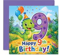 Playful 9th Birthday Card - Roarsome Birthday Fun - Cartoon Dinosaur with Party Hat, Giant Purple 9 and Confetti - 145mm Square, Envelope Included